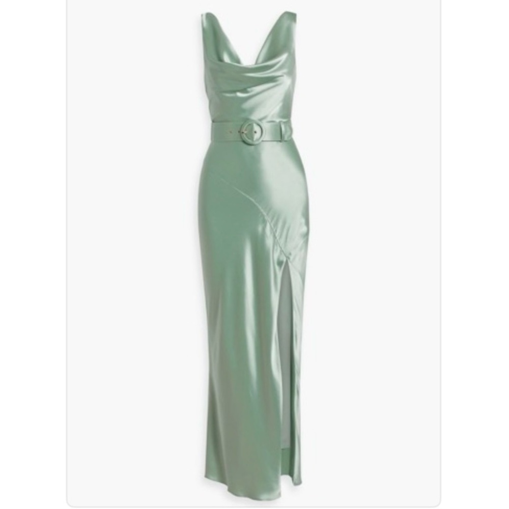 Like New Nicholas Bette Draped Belted Satin Maxi Dress Pistachio Green - Size 4
